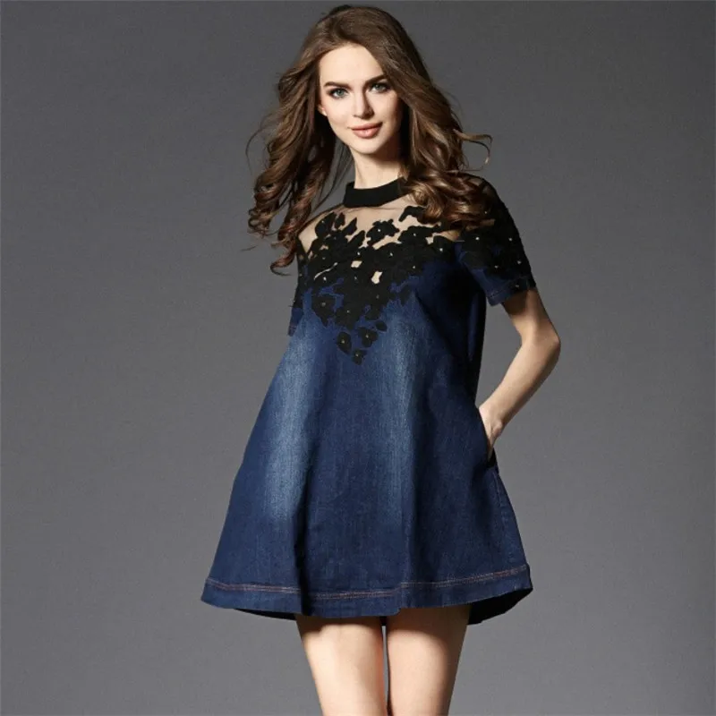 

Europe New 2018 Summer Pregnant Woman Fashion Lace Patchwork Embroidery Short Sleeve Jeans Mini Dress Maternity Washed Dress Hot