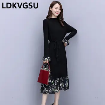 

2018 New Women's Autumn Winter Slim Long Knit Dress Long Sleeve Floral Chiffon Stitching Fake Two Female Sweater Dress 3XL Is999