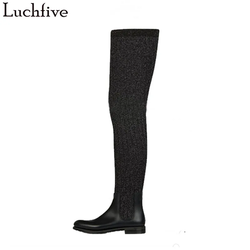 

Luchfive Black Flat Slip-On Over The Knee Chelsea Boots For Women Elastic Knitting Cow Leather Patchwork Academic Style Shoes