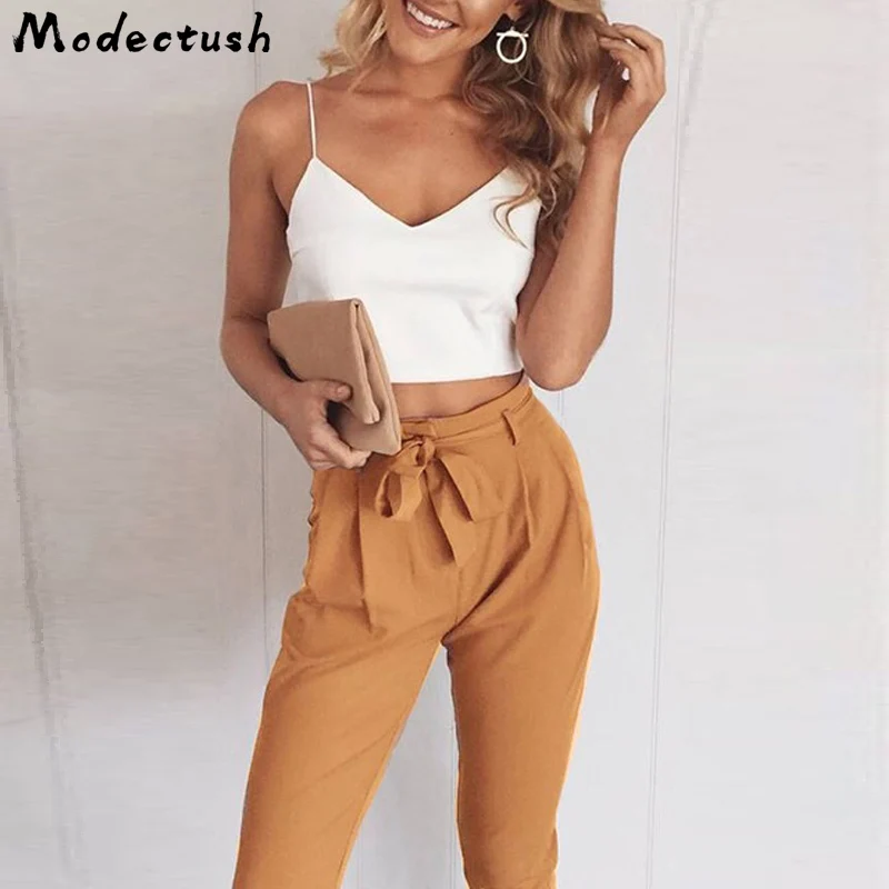 

Modecrush Women Sets Clothes Solid Summer Korean Fashion Two Piece Sexy V-Neck Crop Top Casual Lace Up Ruched Long Harem Pants