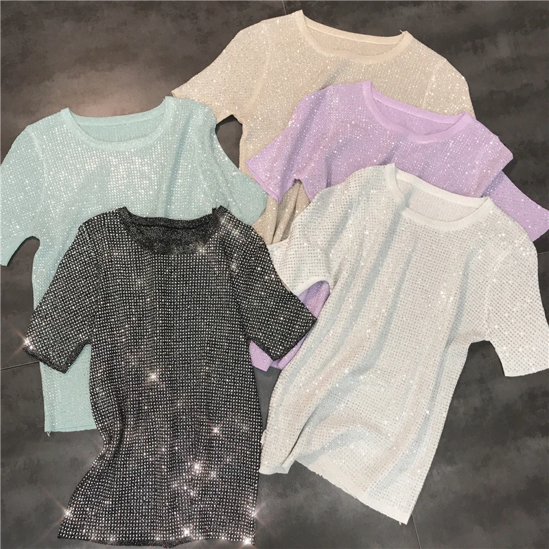 

2019 summer new starry rhinestone hot drilling color knitted round neck short-sleeved T-shirt female