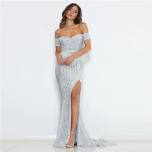 Вечерние платья с открытой спиной, с открытыми плечами, с серебряными блестками, длиной до пола, с вырезом лодочкой, для свадебной вечеринки