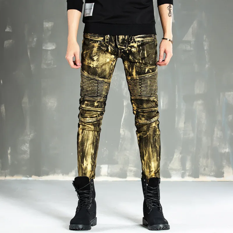 Новые мужские байкерские джинсы Здравствуйте покрытием Здравствуйте Street плиссированные мотоциклетные джинсовые брюки для мужчин золото