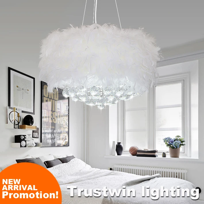 

Amazing romantic feather plumage plume style with led bulb white modern ceiling hanging ight crystal feather chandelier LED