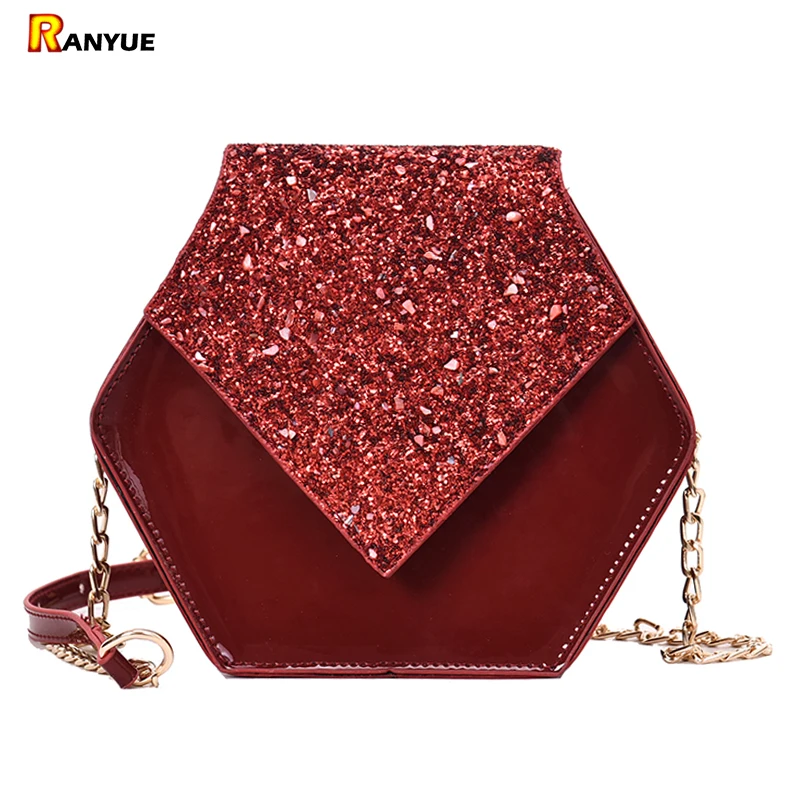 Geometric Polygon Bag Women Handbag Patent Leather Sequins Crossbody