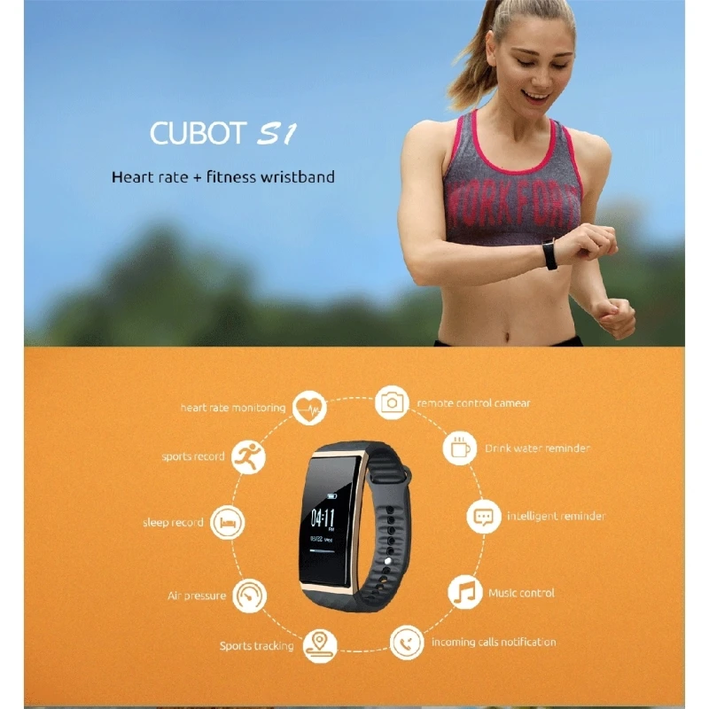 CUBOT S1 Smart Wristband Waterproof BT 4.0 Heart Rate Sleep Monitor Smart Bracelet Message push Sports Activity Tracking