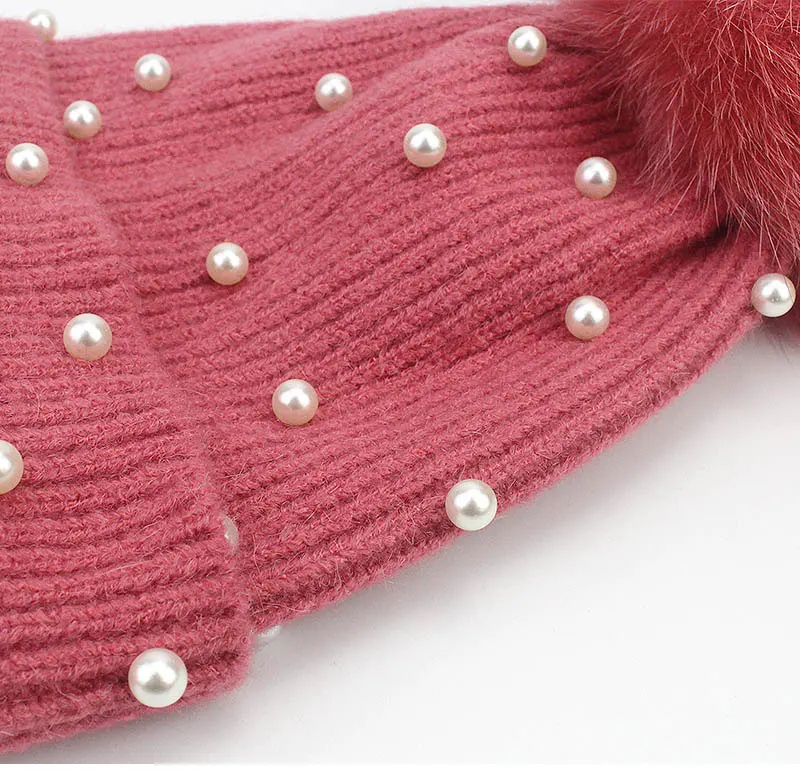 Pălărie din lână Pom-pom din blană de vulpe naturală Pălărie cu trusă de perle Fashio Căciulă de fete pentru femeie._voghion.com