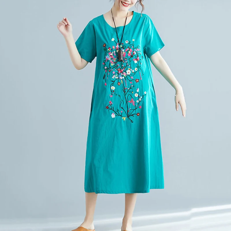 

Plus size Women Summer Dress Ethnic Embroidery Loose Midi Dresses Short sleeve O neck Cotton Ladies Clothes Elegant Vestido