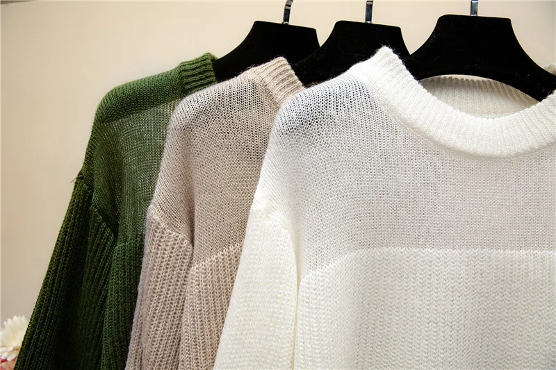 2018 Autumn Winter Sweater Women Pullover Jumper Long Sleeve O-Neck Knitted Tops Outwear Femme Patchwork Lantern Sleeve Sweater