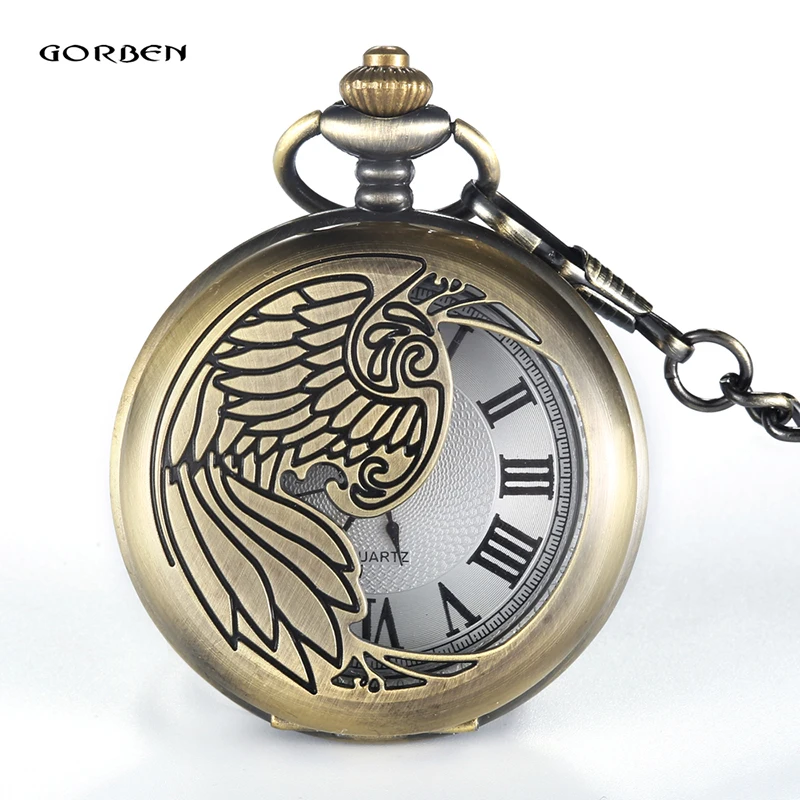 Top Brand GORBEN Bronze Carving Phoenix Pocket Watch With FOB Chain