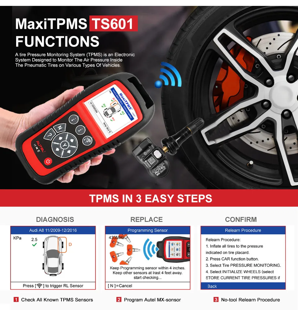 AUTEL MaxiTPMS TS601 TPMS программист инструмент для диагностического сканирования автомобиля активатор датчик шин монитор OBD2 сканер инструмент 315 433 сенсор s