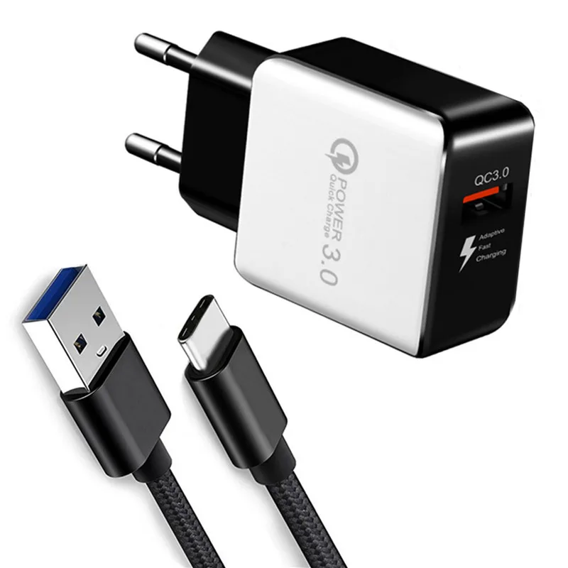 

QC 3.0 USB Charger 18W Quick Charge Adapter & Micro usb Type C Cable for samsung S10 A50 Xiaomi Mi 8 lite 5 Redmi 6 Note 7 Phone