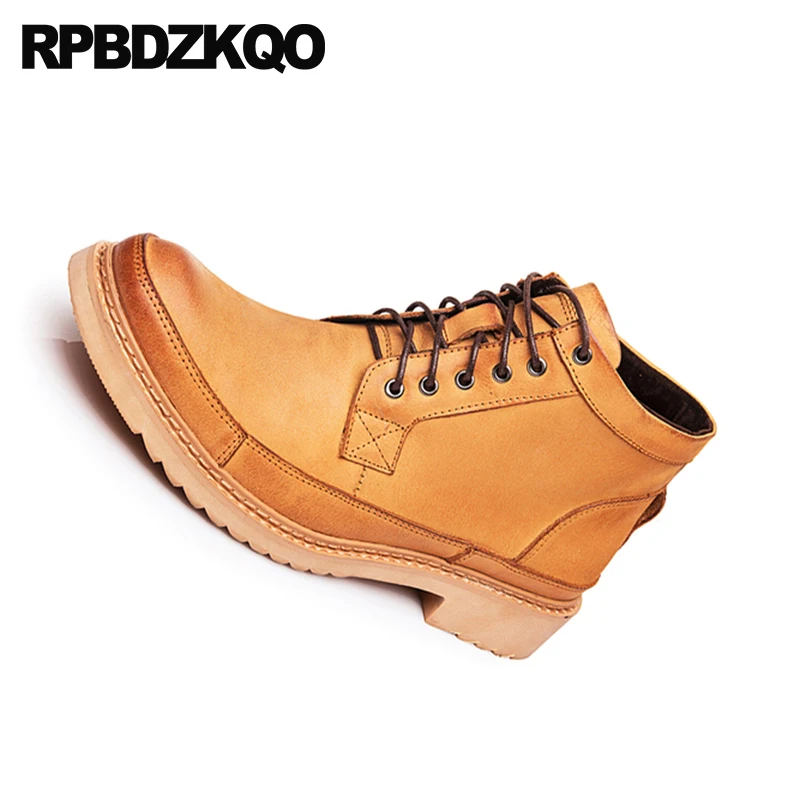 Amarelo De Cheio Retro Grossas Britânico Couro Designer Combate Marrom Grão Até Genuíno Exército Rendas Curtas Do Botas Sapatos Militar Homens amarelo Estilo wHdAWxAqF