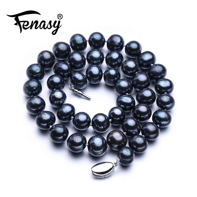 

FENASY fine big oval pearl 9-12mm natural freshwater black pearl necklace for women gift,pearl jewelry choker necklace classic
