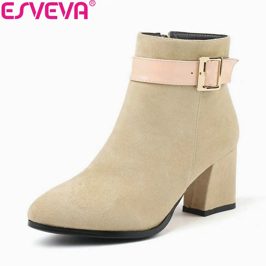 

ESVEVA 2019 Women Boots Buckle Square Toe Winter Autumn Shoes Ankle Boots Square High Heels Zip Woman Shoes Sewing Size 34-43