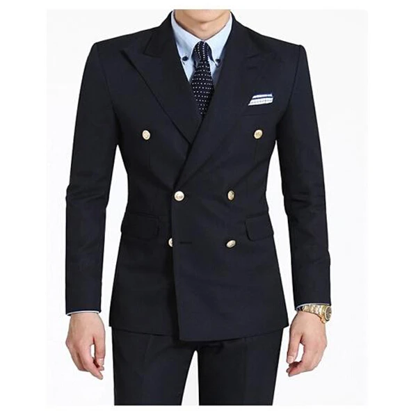 

2018 Black Dark Blue Men Suits Peaked Lapel Double-Breasted Side Vent Groom Tuxedos Men's Wedding Dress Clothing(Jacket+Pants)