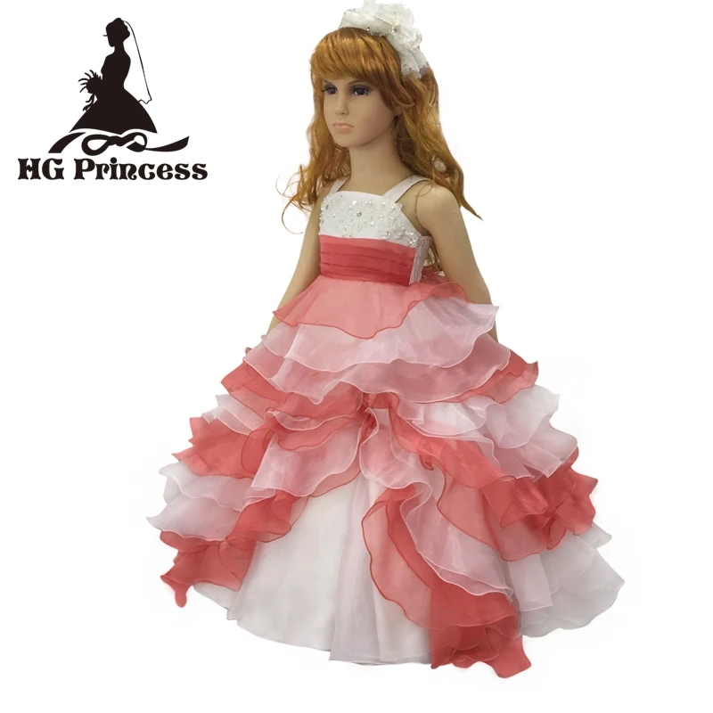

Free Shipping 2-10 Years Child Dresses 2019 New Arrival Ivory Peach Patchwork Girl Party Dress Organza Kids Evening Gowns Bustle