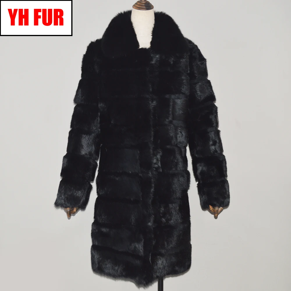 

Luxury Genuine Full Pelt Real Rabbit Fur Jacket Women Long Style Rabbit Fur Coat Real Fox Fur Collar Real Rabbit Fur Overcoats
