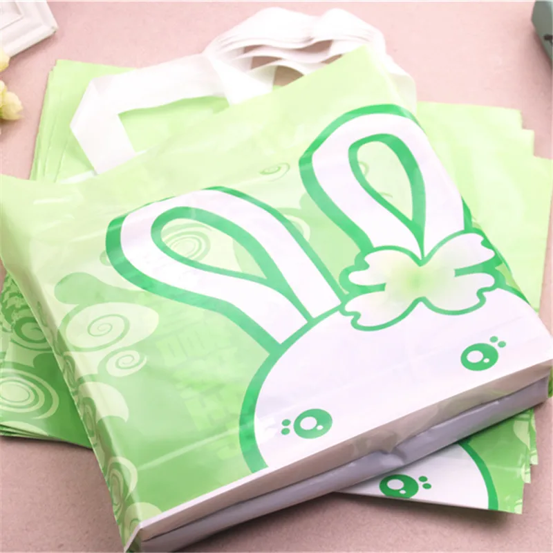 

High-density Polythylene Eco-friendly Green Lovely Rabbit Gift Bags 10pcs/lot 29*35cm Wedding Gift Packaging With Handles