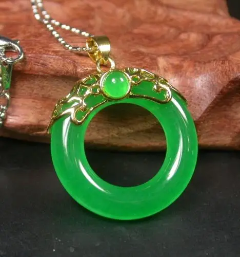 

Gold Plate CHINESE Icy Green JADEITE Pendant Circle Donut Necklace 256983