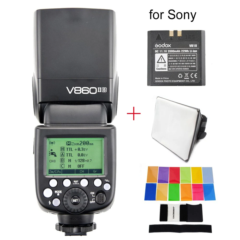 Godox Ving V860II-S литий-ионная батарея Speedlite вспышка для sony A7 A7S A7R A7R II A6000 A6300 MI Горячий башмак+ цветные фильтры+ софтбокс