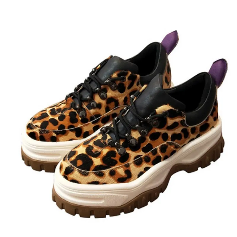 

Leopard Women Sneakers Horse Hair Platform Tennis Shoes Thick Heel Lace-up Sport Shoes Round Toe Suede Casual Shoes Plus Size