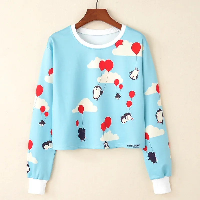 

Autumn Harajuku Women sweatshirts flying balloon Penguin stamp ladies fashion sweatshirts short sleeved