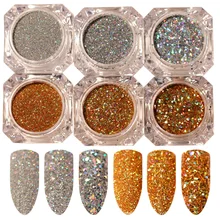 6 шт голограмма Золотой Серебряный ноготь Блестящий лазер голограмма пайетки дизайн ногтей Пыль порошок Маникюр голографические пайетки для ногтей