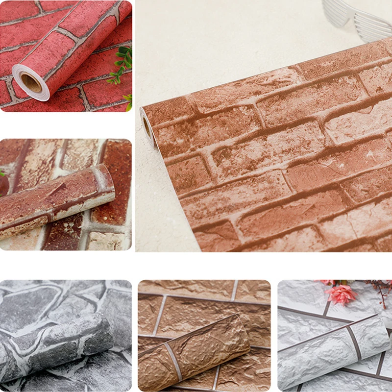 

45cm*10m Rustic Vintage 3D Faux Brick Wallpaper Roll Vinyl PVC Retro Industrial Loft Wall Paper Red Black Grey Yellow Washable
