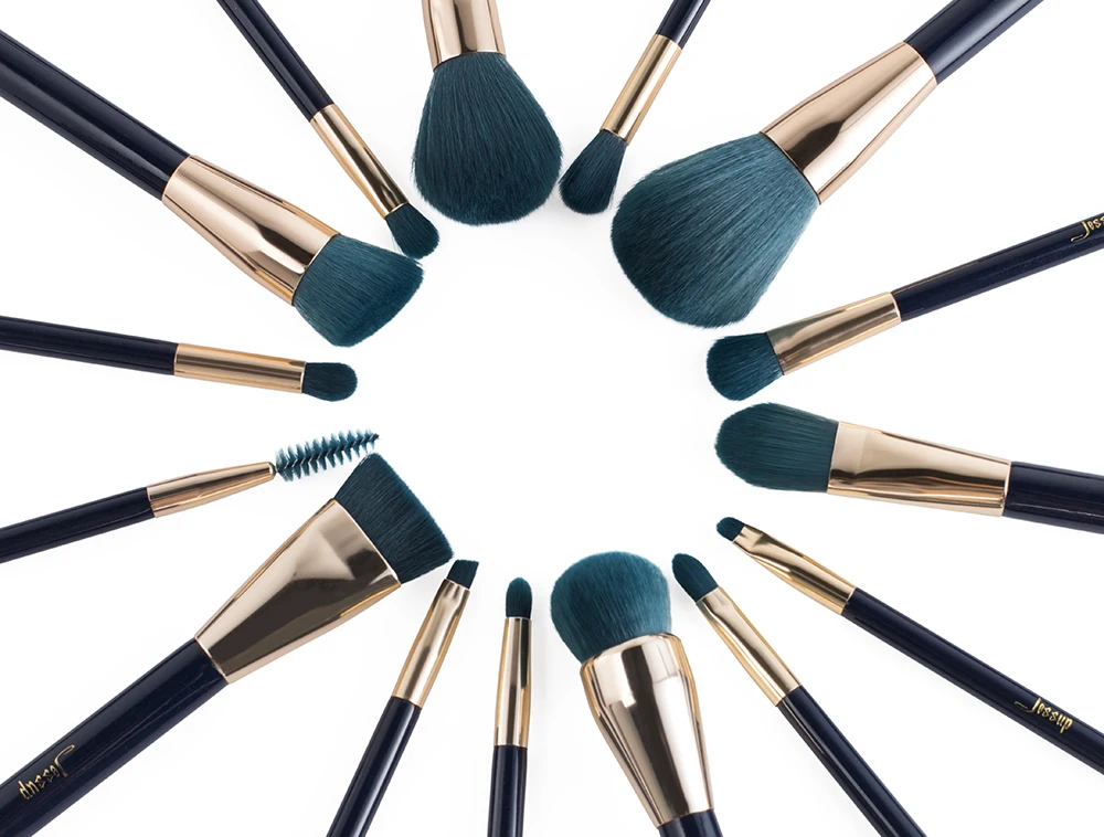 Pincéis de Maquiagem Escova em pó Jessup Escovas Conjunto Fundação Eyeshadow Delineador Contorno Labial Corretivo Manchas Azul - Verde Escuro 15 Pçs 5 contorno labial corretivo manchas azul verde escuro