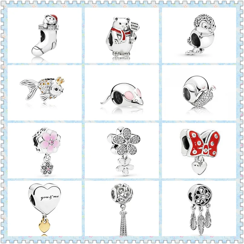 

1:1 S925 Sterling Silver Christmas Stocking Fairytale Fish Polar Bear Enchanted Heart Tassel Mouse Snail Charms Women Jewelry