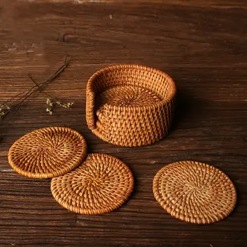 

6pcs/set Rattan Weave Creative Drink Coasters Set kungfu Tea Accessories Round Tableware Placemat Dish Mat Coffee Drinks Pot Cus