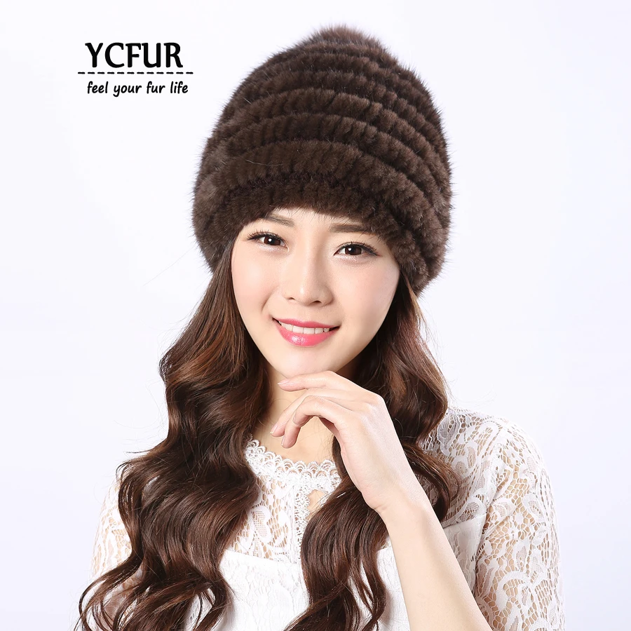 

[YCFUR] Women's Hats Caps Winter Warm Knit Mink Fur Female Beanies Hats Fox Fur Pom Caps Hats For Women