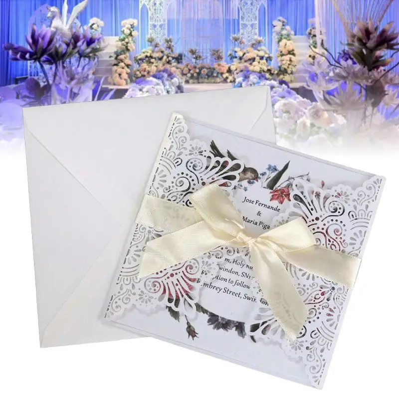  10pcs/set Laser Cut Hollow Invitations Cards Cover Kits With Bow Ribbon For Wedding Bridal Shower B - 33047784994