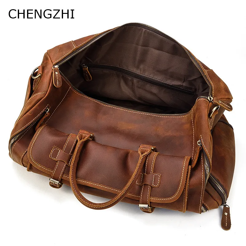 US $115.50 CHENGZHI Men Genuine Leather Travel Bag 22inch New Design Vintage Bag Crazy Horse leather Messenger Bag