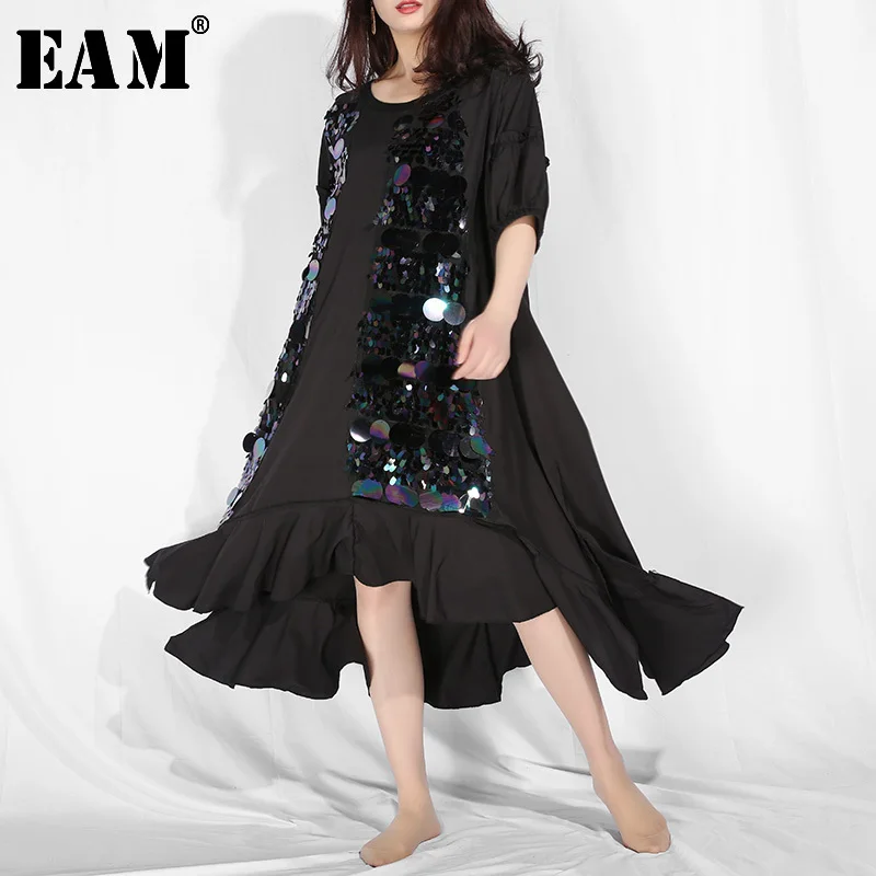 

[EAM] 2019 New Spring Summer Round Neck Short Sleeve Black Sequins Hem Ruffels Big Size Long Dress Women Fashion Tide JR7550