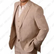 ANNIEBRITNEY новейший дизайн пальто брюки коричневый льняные костюмы мужские приталенный простой летний Блейзер Современные вечерние смокинг на заказ
