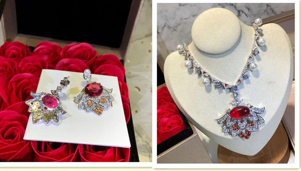 

Brand Pure 925 Sterling Silver Jewelry For Women red stone flower Earrings party dinner Design Wedding B brand Necklace