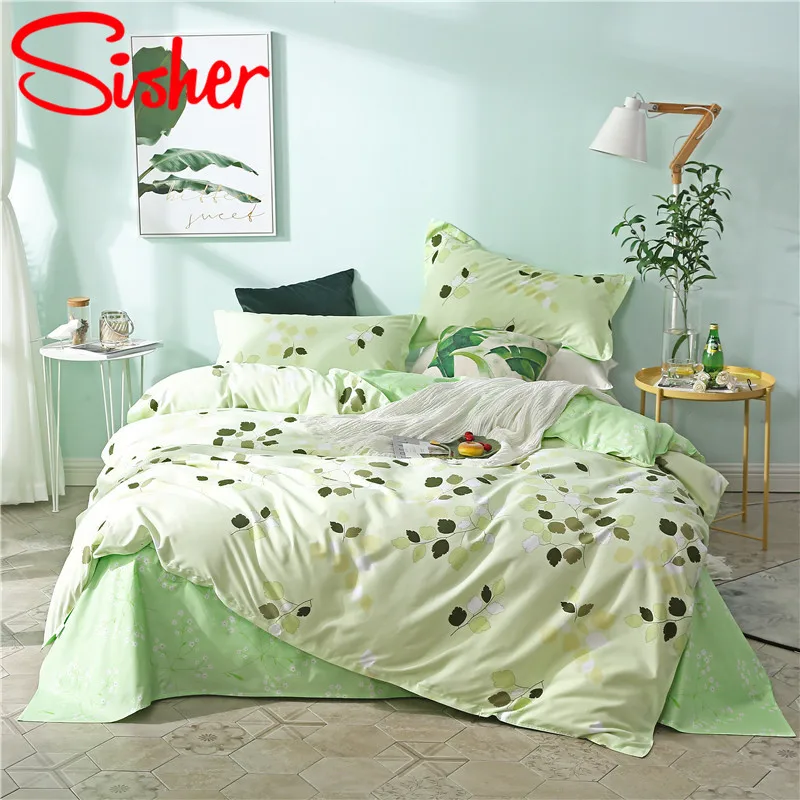 Sisher Pastoral Green Leaf Print Duvet Cover Set Cotton Polyester Adult Comforter Bedding Sets Size Single Double Queen King - Цвет: Green3