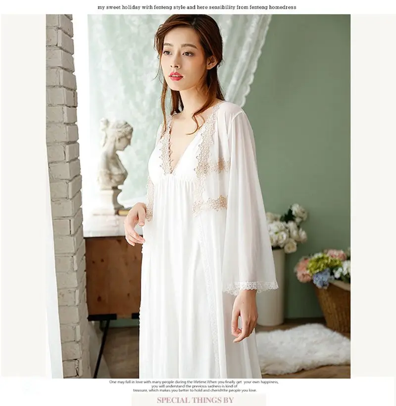 Smmoloa Spring Summer Silk Women Lace Bathrobe Two Pieces Sleep Set Luxury Sexy Print Sleepwear