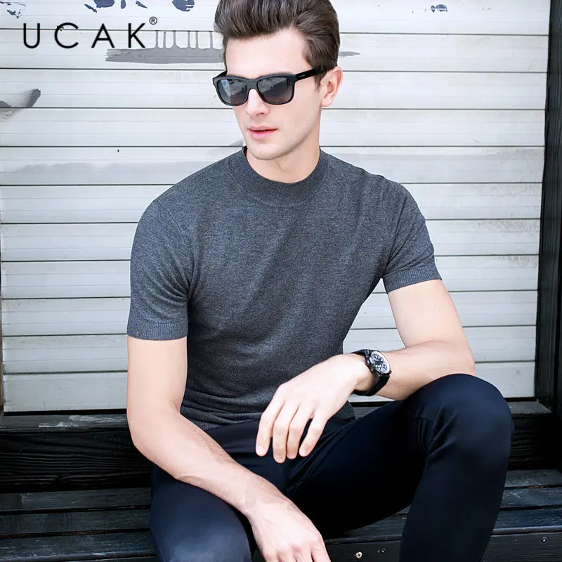 UCAK Brand Sweater Men Casual Short Sleeve Turtleneck Pull Homme Merino Wool Pullover Men Autumn Winter Cashmere Sweaters U3002