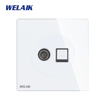 

WELAIK Tempering-Glass Panel-UK Wall-TV Socket-Computer-Socket-CAT5 UK-Standard B18TVCOW