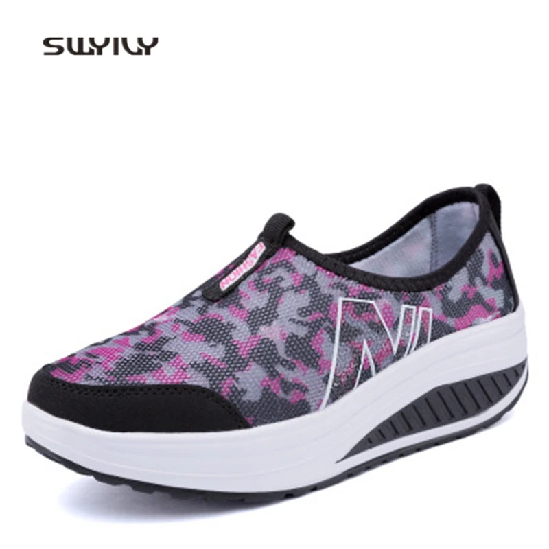 SWYIVY Women Toning Shoes Wedge Breathable Swing Shoes 2018 Summer Colorblock Female Slimming Shoes Muffin Heel Women Swing Shoe