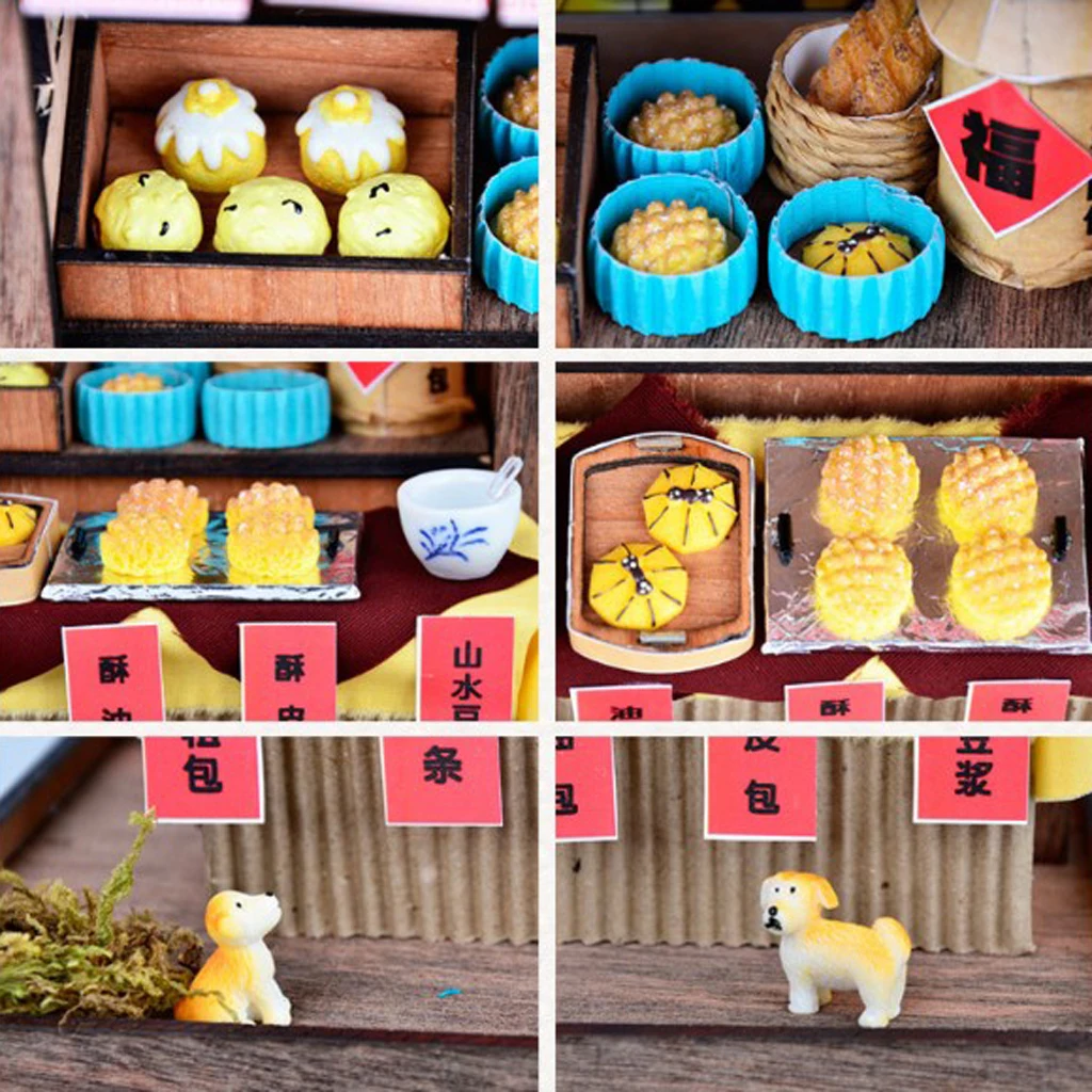DIY Handicraft Miniature Project Wooden Dolls House Antique Chinese BBQ, Breakfast, Fruit Shop Gift