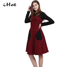 Christmas dress ladies sexy long sleeve tartan plaid Party rockabilly skater pin up shirt pocket dresses vestido casual clothing