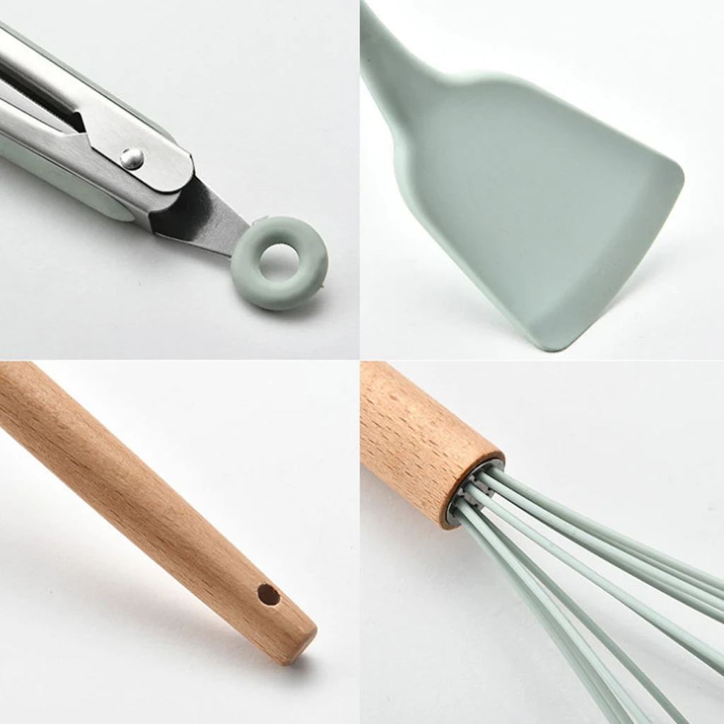 9/10/12 Pcs Silicone Cooking Tools Kitchen Utensils Set Bamboo Handles Cooking Tool None Toxic Kitchen Gadgets Nonstick Cookware