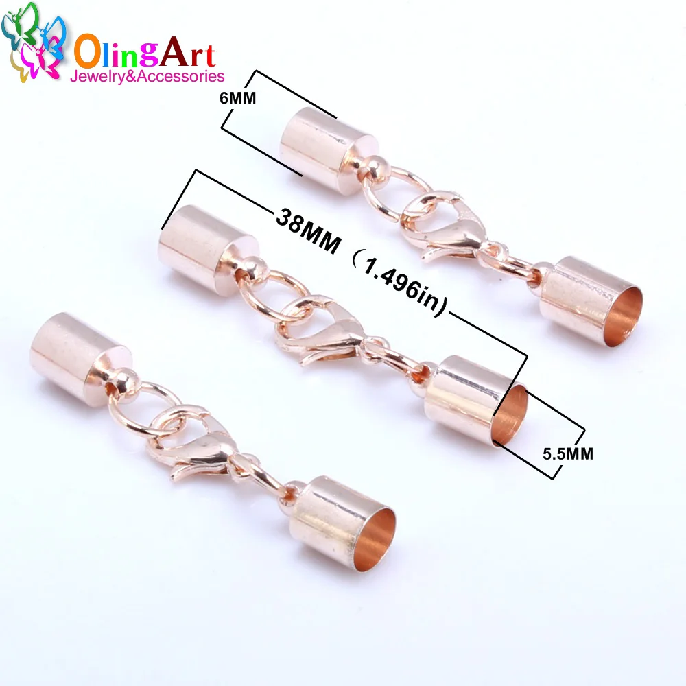 

OlingArt 6mm 12pcs/lot Rose gold plating necklace round leather cord crimps end lobster clasp Fastener DIY jewelry making