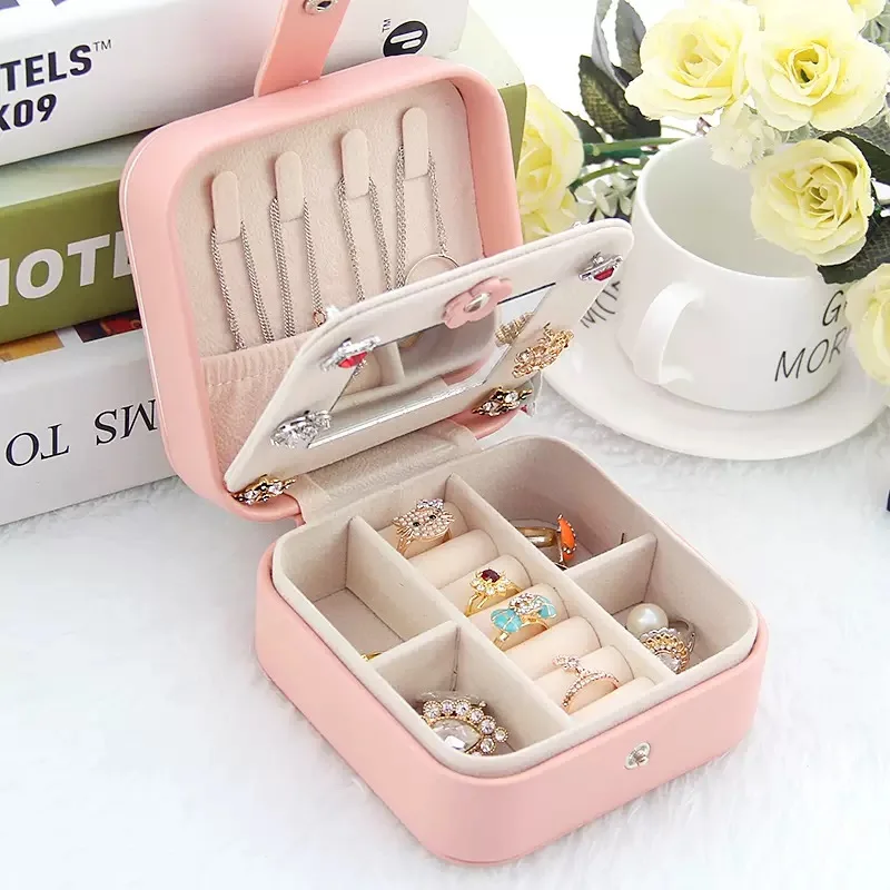 

Portable Jewelry Box Travel Stud Earrings Rings Jewelry Storage Box Necklace Holder Jewelry Organizer Display with Makeup Mirror