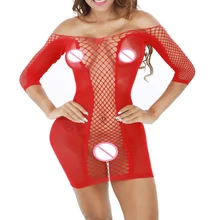 Red Sexy Hot Erotic Fishnet Lingerie Babydoll Body Catsuit Stocking Off Shoulder Bodycon Dress Nightwear Sleepwear Porn Clubwear