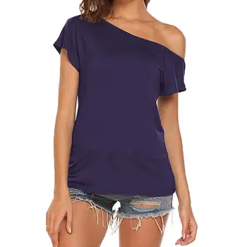 

Women Casual Solid Slash Neck Short Pullover Sleeve Loose Off Shoulder Regular Summer T-Shirt